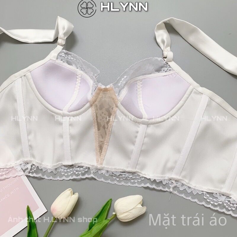 M155Áo corset hai dây lụa bóng phối ren có gọng mút