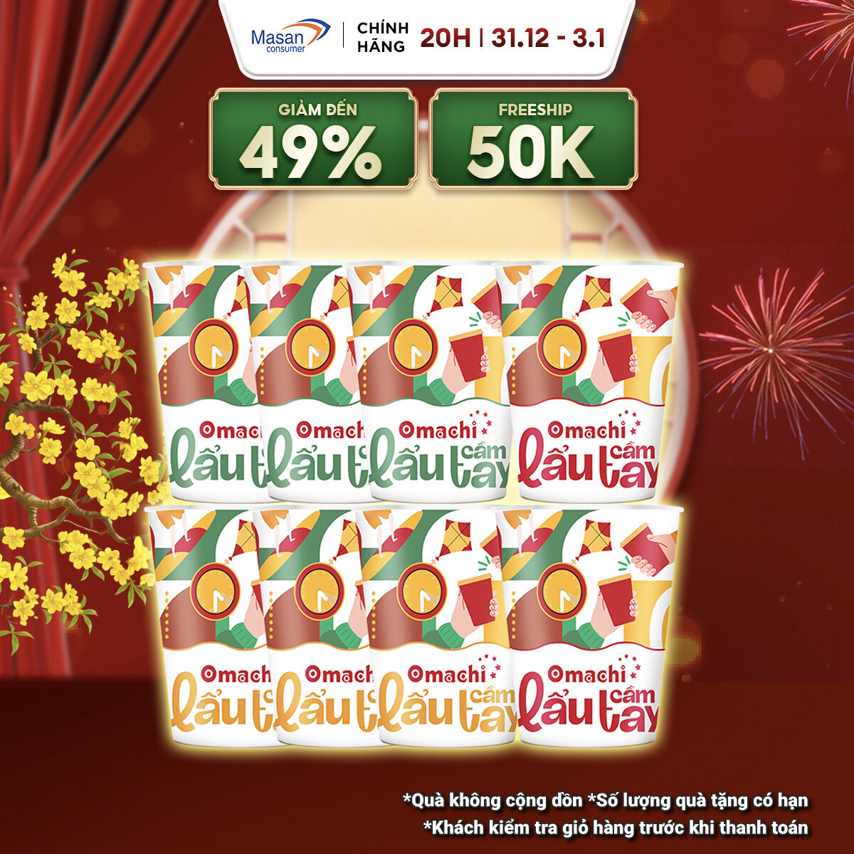   15.12-29.12 Voucher 18% CHO ĐƠN TỪ 199K Combo 8 Mì Omachi Lẩu Cầm Tay Hương Vị   3 Tomyum + 3 Ngao Nấm Rong Biển + 2 Tôm Hùm Phô Mai   