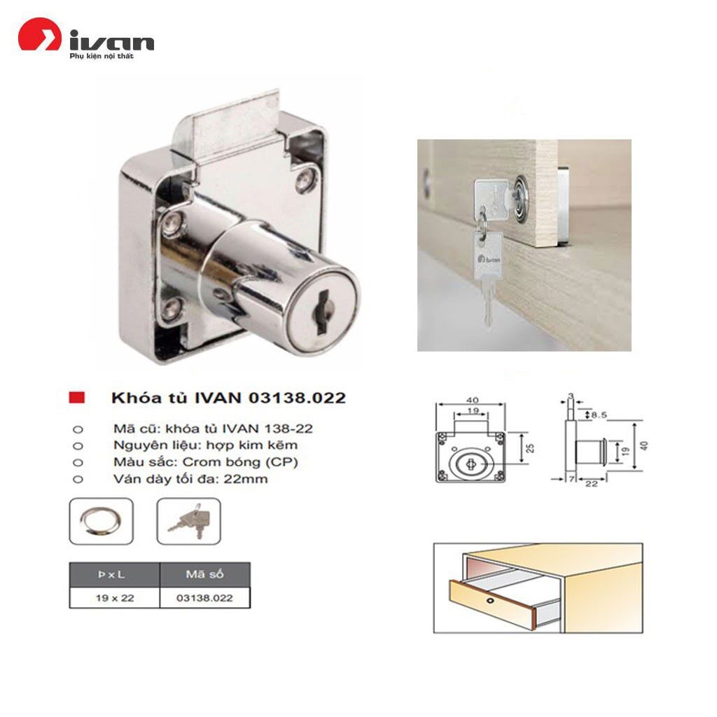 Ổ khoá tủ, khoá hộc bàn cao cấp Ivan (hàng chính hãng)