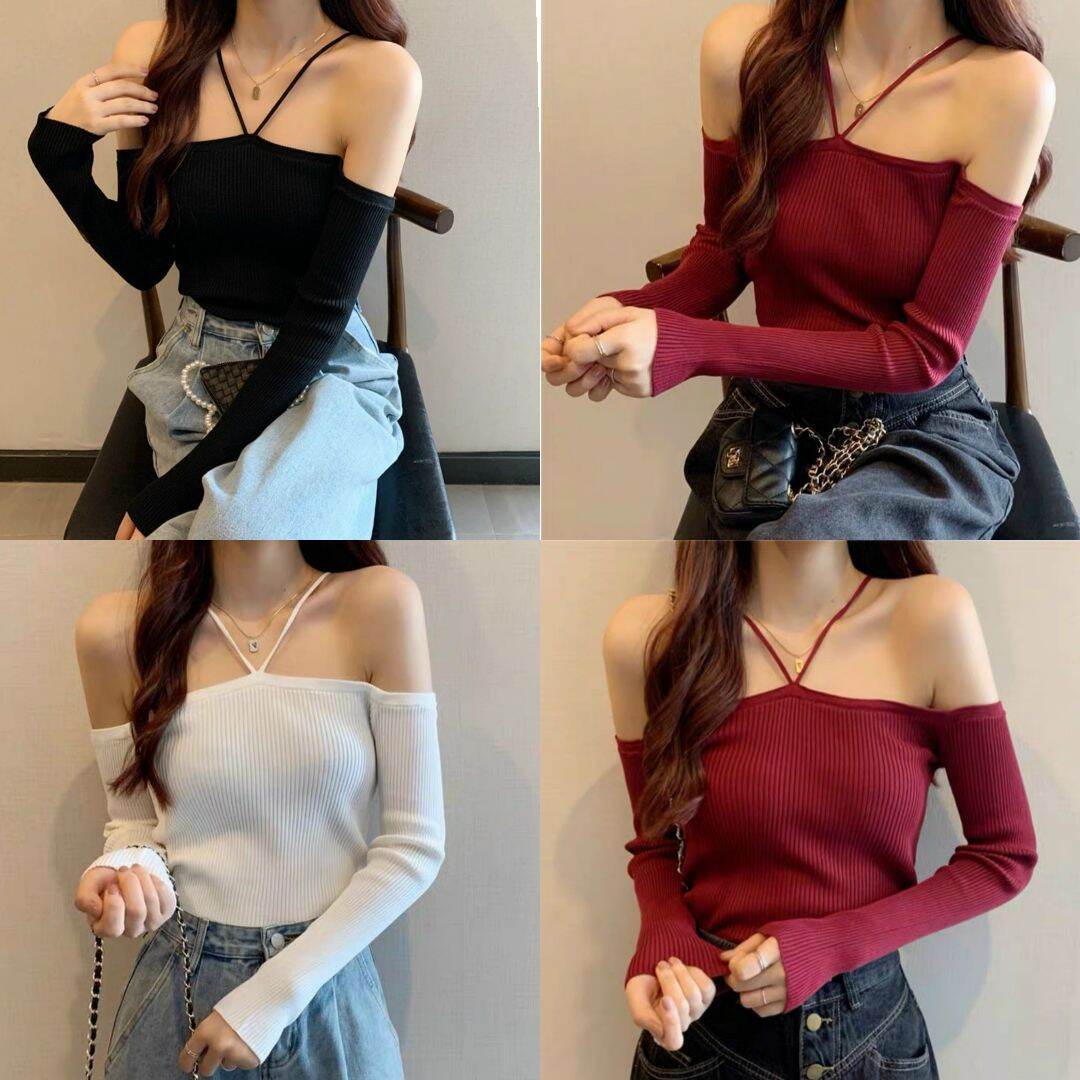 Áo gân bẹt vai tay dài dây vai