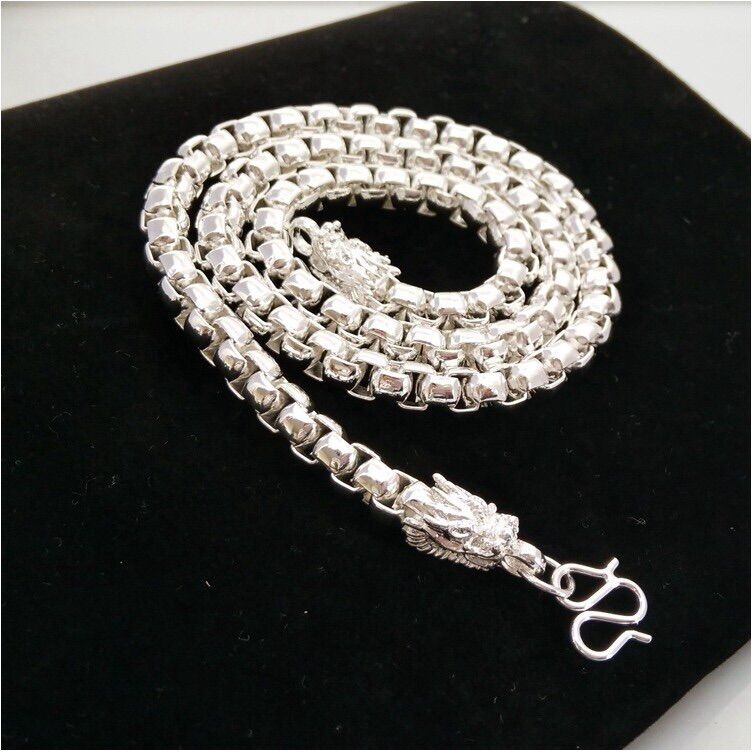 Dây Chuyền Vòng Cổ Bạc Nam - Kiểu Dây Xà Tích Xoắn Kép Đầu Rồng Bản To