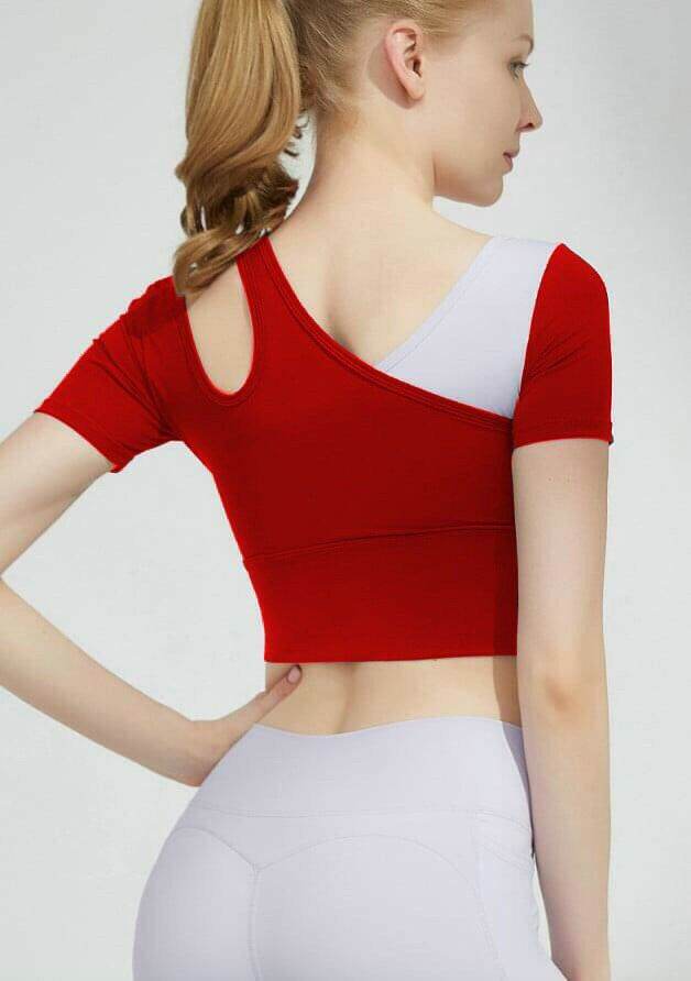 Áo croptop thể thao sẵn mút lệch vai phối màu, áo tập gym, yoga, thể thao