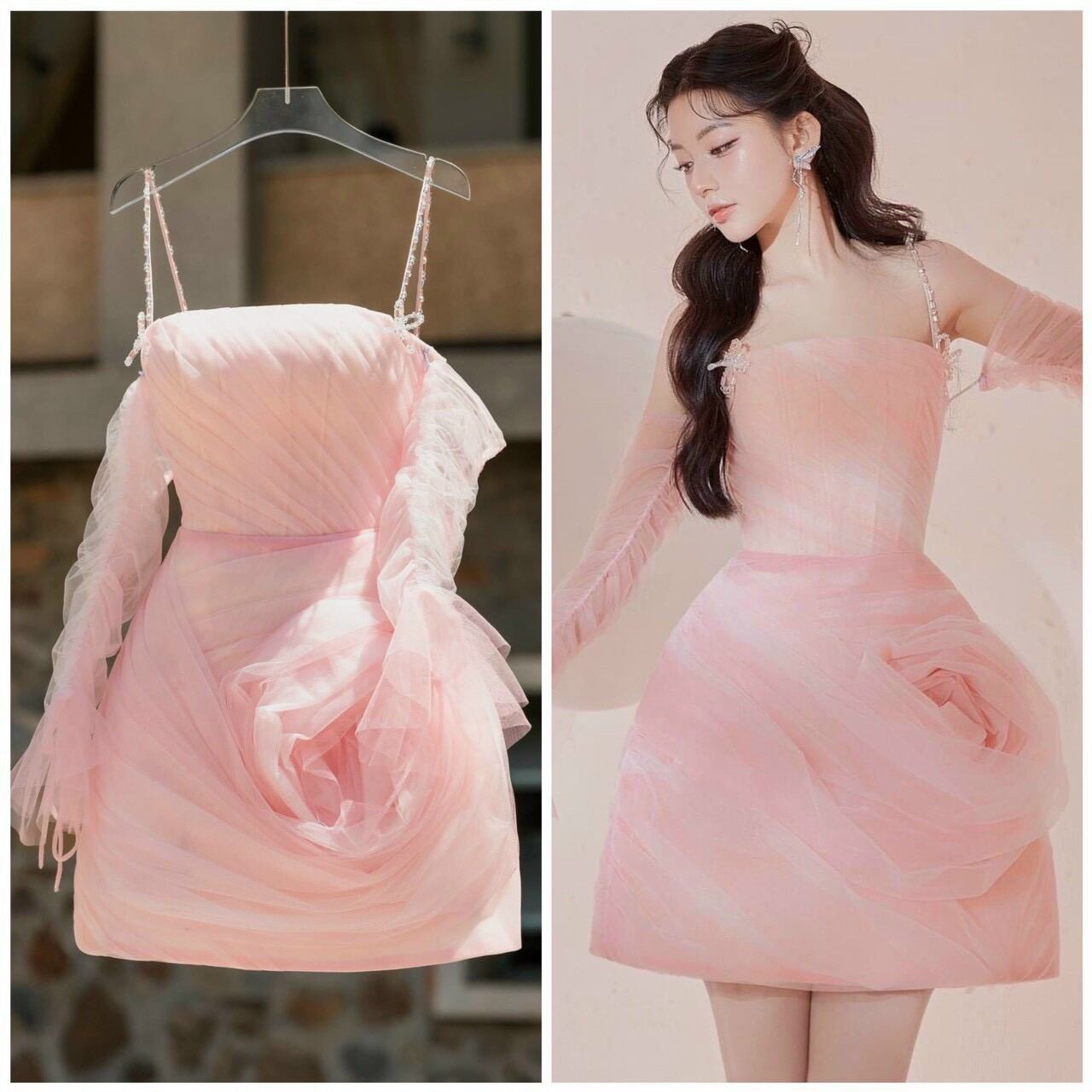 Đầm 2 in 1 xoắn hoa hồng đính pha lê
