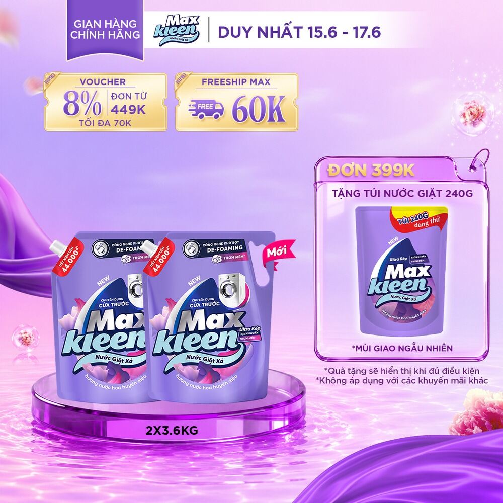 Combo 2 Nước giặt cho máy giặt cửa trước MaxKleen hương Huyền Diệu 3.6kg