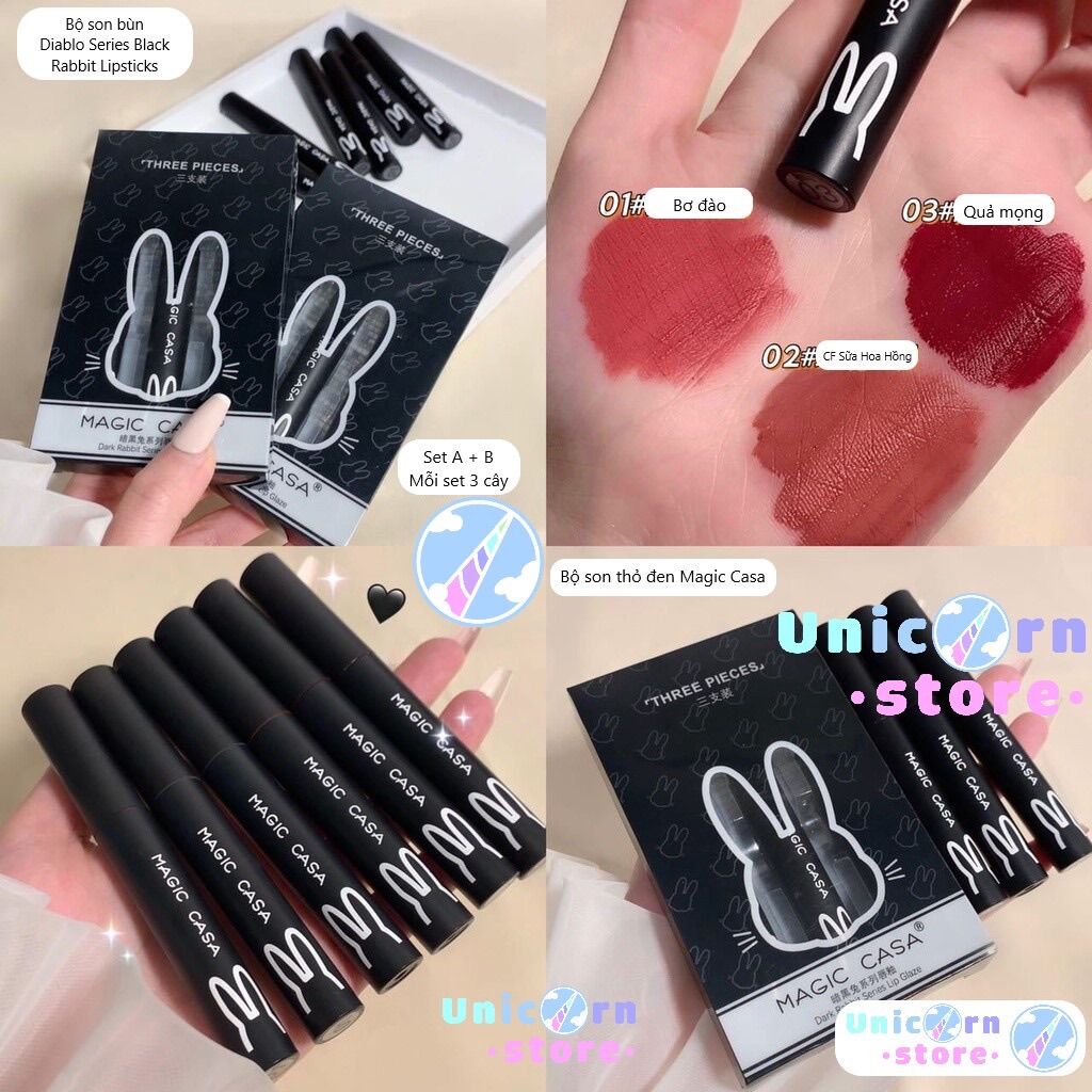 Set 3 son môi thỏ đen magic casa dark rabbit series lip glaze