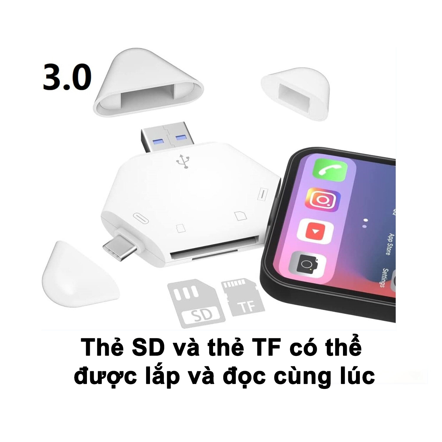 Đầu đọc thẻ nhớ OTG cho điện thoại iphone ipad samsung oppo laptop Đầu đọc thẻ đa năng 3in1 Type-C / Lightning / USB