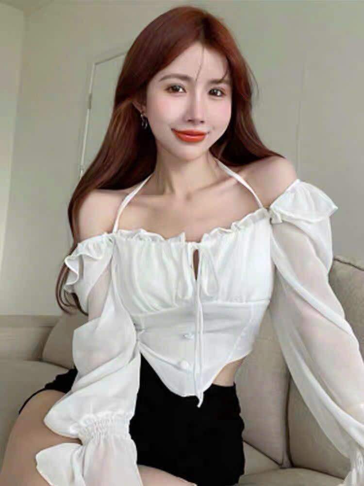 Áo croptop yếm bèo tay dài vạt bầu