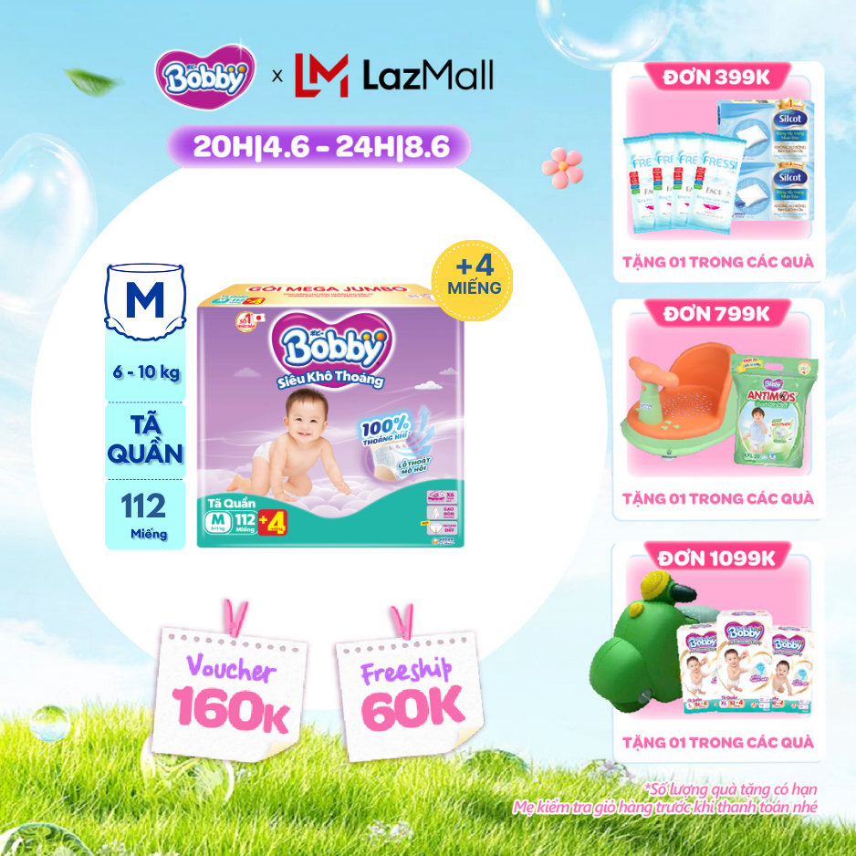 [QUÀ TẶNG HẤP DẪN TỪ 9-10.6][TẶNG MIẾNG NGẪU NHIÊN] Tã quần Bobby Siêu Khô Thoáng - 100% Thoáng Khí Mega Jumbo  M112 (số miếng tặng thay đổi theo từng đợt nhập hàng)