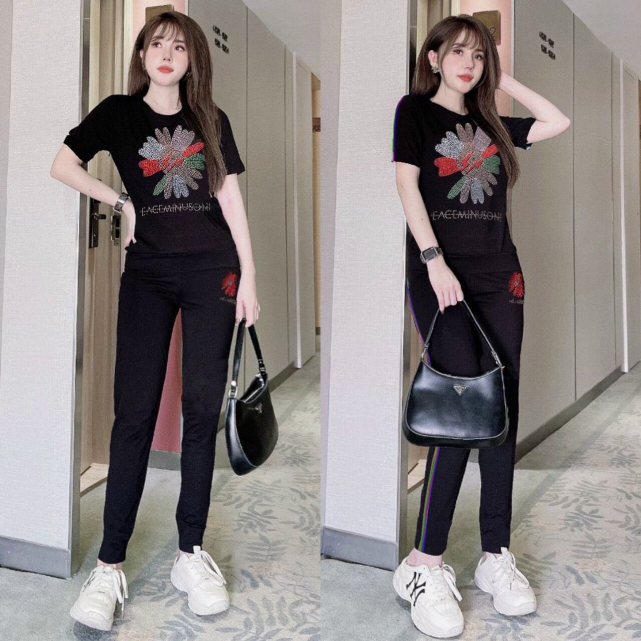 Sét đồ bộ nữ đính đá hoa cúc cao cấp thun cotton 100%