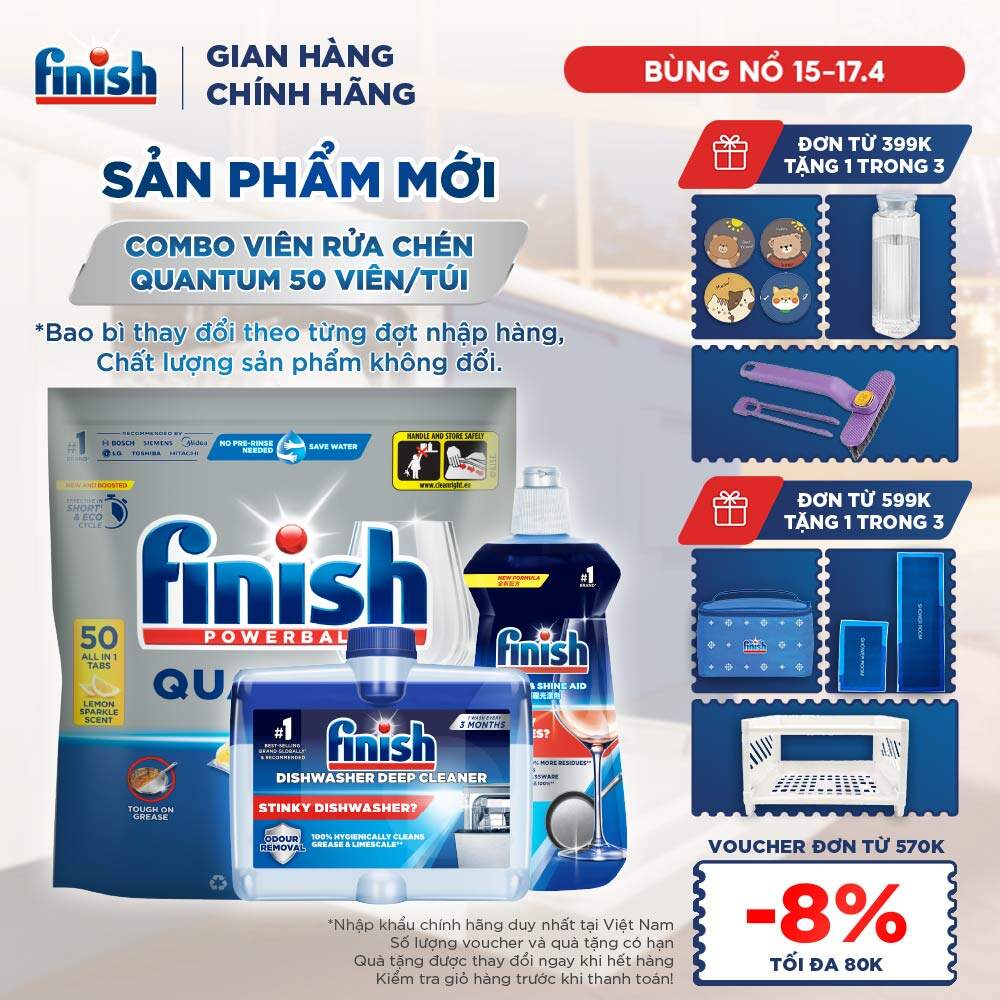 Combo Finish: Viên Rửa Chén Bát Finish Powerball Quantum 50 viên + Nước Làm bóng 500ml + Dung dịch vệ sinh máy