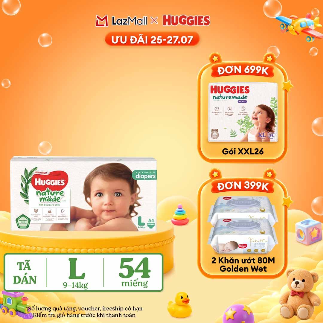 [25-29.7 QUÀ TẶNG ĐƠN 399K] Tã/Bỉm dán HUGGIES PLATINUM NatureMade L54 (9-14kg)-Gói Jumbo 54 miếng