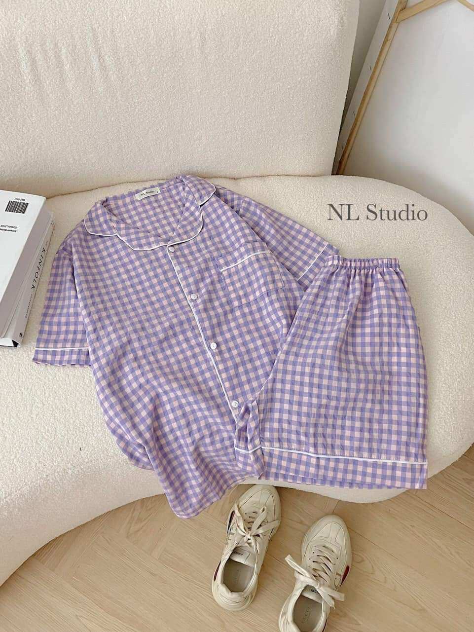 Sét bộ đùi pyjama kẻ xốp cổ vét