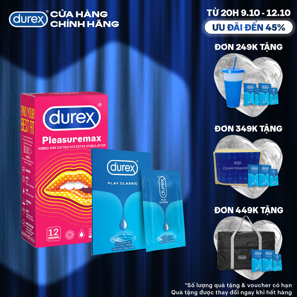 [TỪ 20H | 9-12.10 VOUCHER GIẢM THÊM 5%] Combo Bao cao su Durex Pleasuremax gân gai tăng khoái cảm (size 56mm, 12 bao/hộp) +  Gel Classic Dạng Gói 5ml