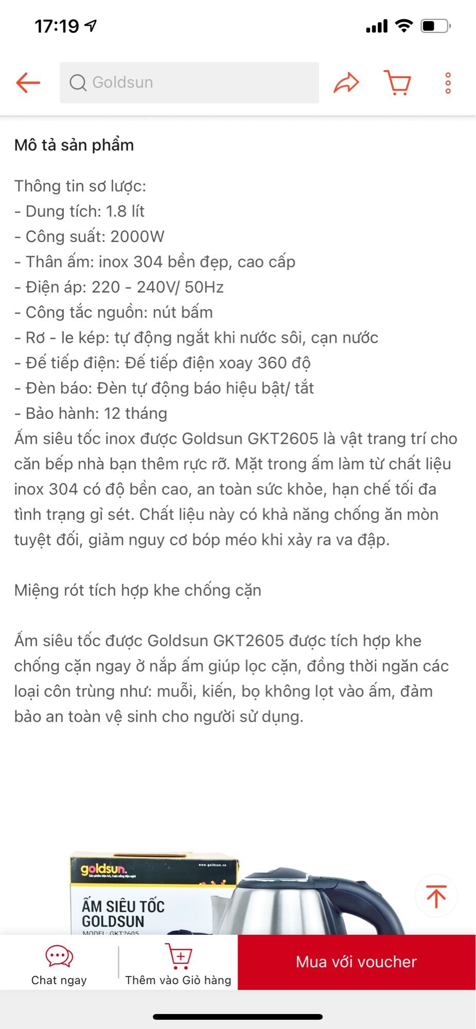 Ấm siêu tốc Goldsun GKT2605, ấm đun nước siêu tốc