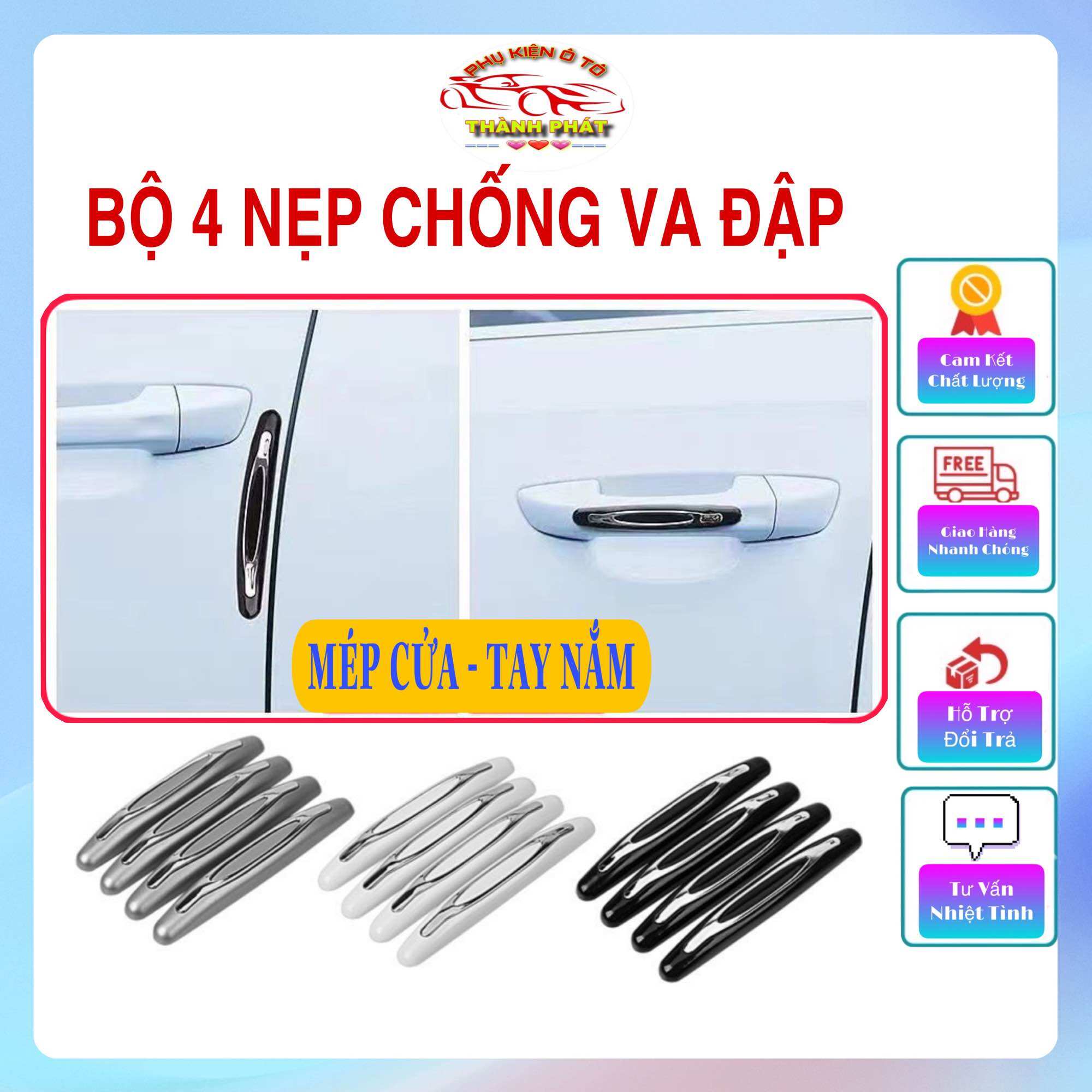 Bộ 4 thanh nẹp chống va đập chống trầy bảo vệ cửa tay nắm cửa ô tô xe hơi chất liệu nhựa ABS và PVC cao cấp chắc chắn.