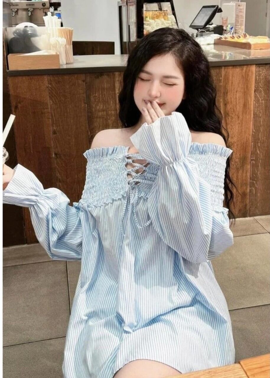 Áo trễ vai nữ babydoll tay phồng dáng dài bo chun thắt dây ngực buộc nơ xinh xắn Habis