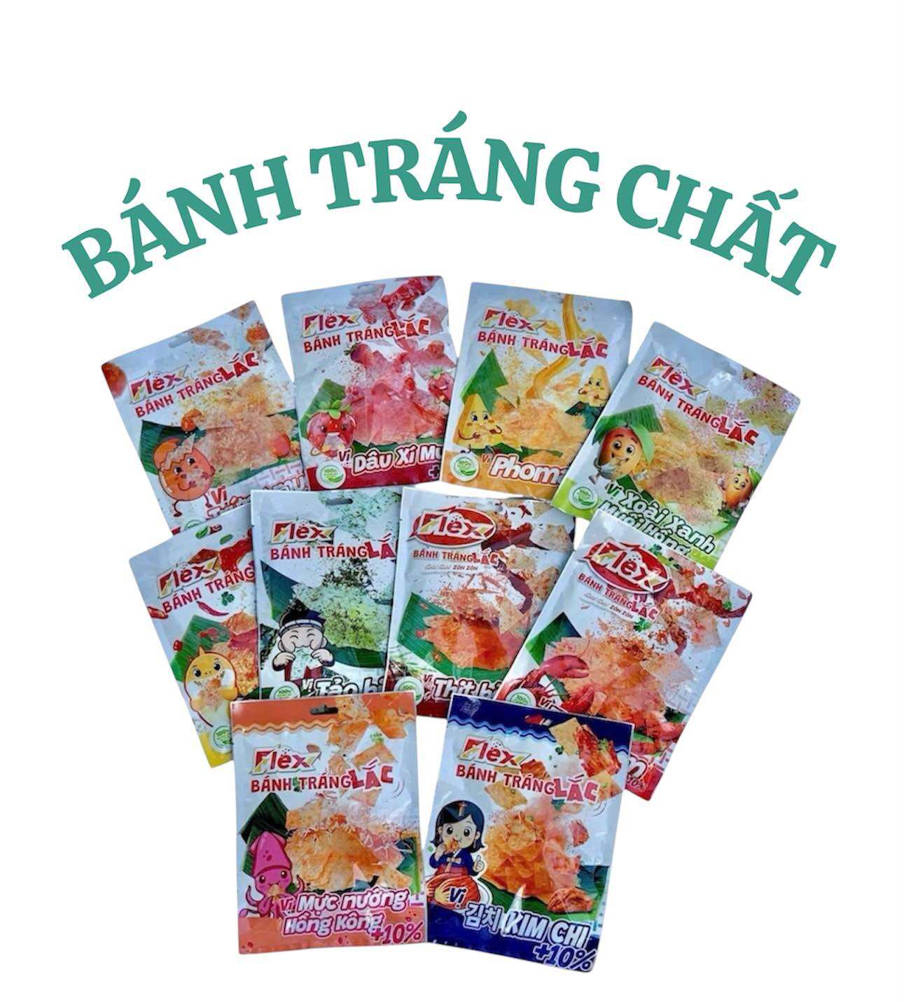 COMBO 10 BỊCH Bánh Tráng Lắc Vị: Phô Mai, Sa Tế Cá Thu, Trứng Muối, Tảo Biển, Bò BBQ, Tomyum, Xoài Xanh Muối Hồng, Dâu Xí Muội, Kim Chi, Mực Hồng Kông