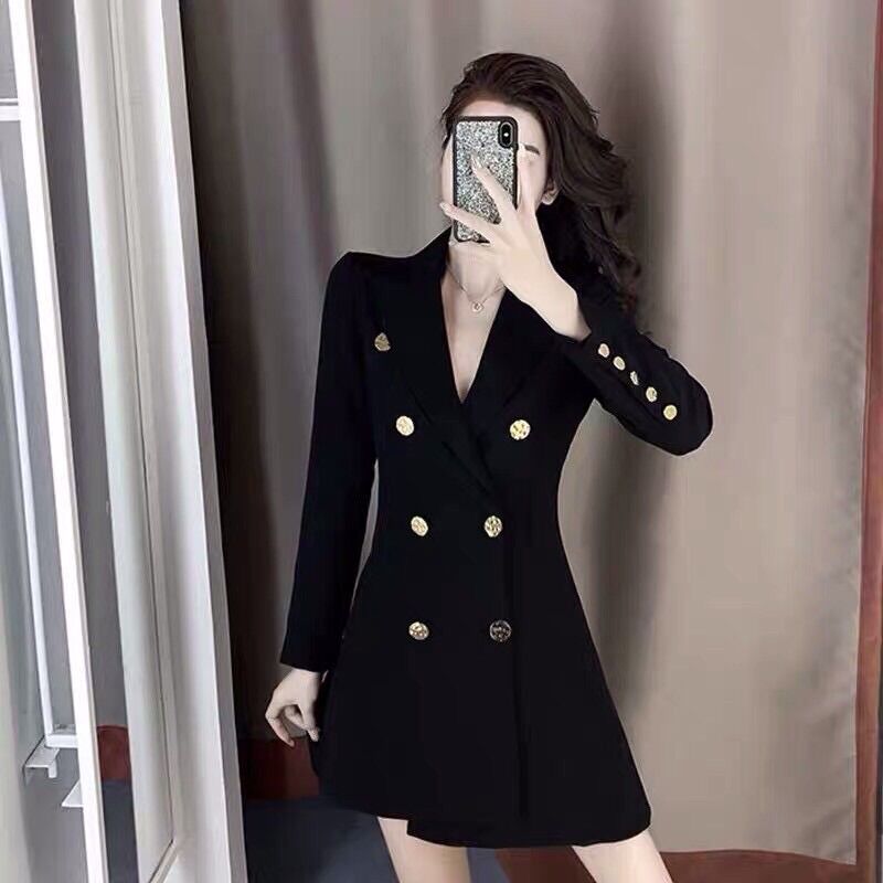 Đầm vest đen phối nút phong cách Retro Pháp sang trọng