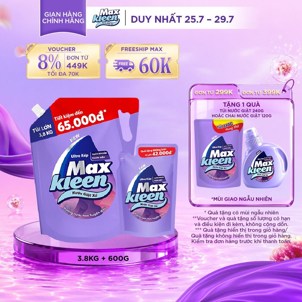 Combo Nước giặt xả MaxKleen Hương Nước Hoa Huyền Diệu: 1 Túi 3.8kg + 1 Túi 600g