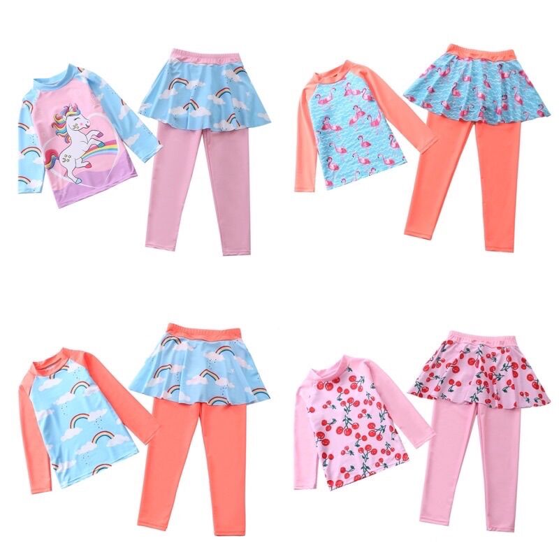[16-35kg] Đồ bơi dài tay quần váy dài bé gái pony hồng cầu vồng siêu đẹp