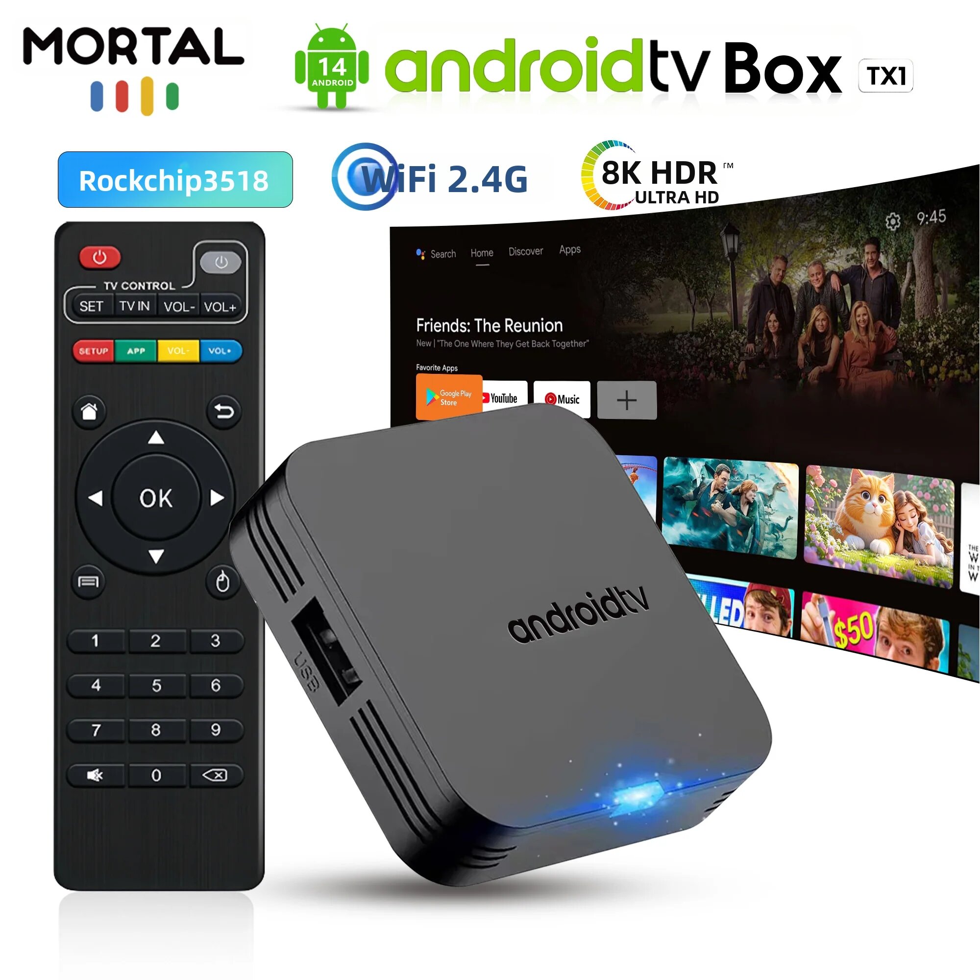 Hộp Tivi Box Android 14.0 TX1 Hỗ Trợ 8K, Wifi 2.4G, CPU RK3518, RAM 2GB, ROM 16GB, Đa Ngôn Ngữ, Kèm Điều Khiển Từ Xa