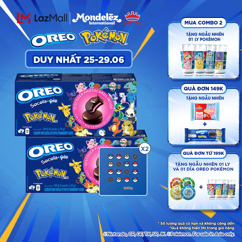 [ MUA 2 TẶNG 1 LY POKÉMON] Bánh OREO Pie POKÉMON vị dâu, combo 2 hộp x 180g (Tặng kèm 2 thẻ hình OREO POKÉMON)