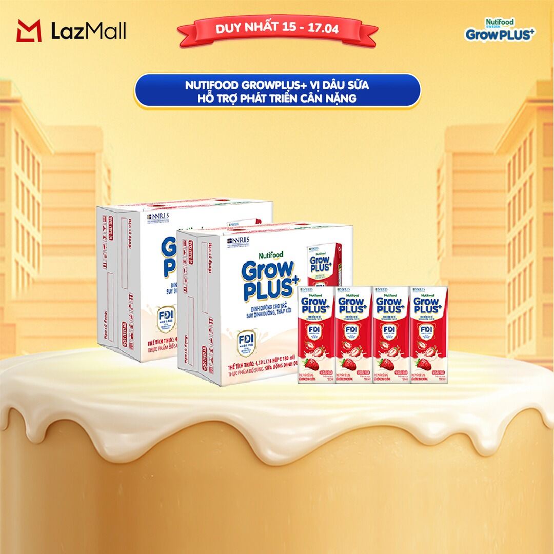 Combo 2 Thùng 24 hộp Sữa bột pha sẵn Nutifood GrowPLUS+ Vị Dâu Sữa hộp 180ml - Hỗ trợ phát triển cân nặng