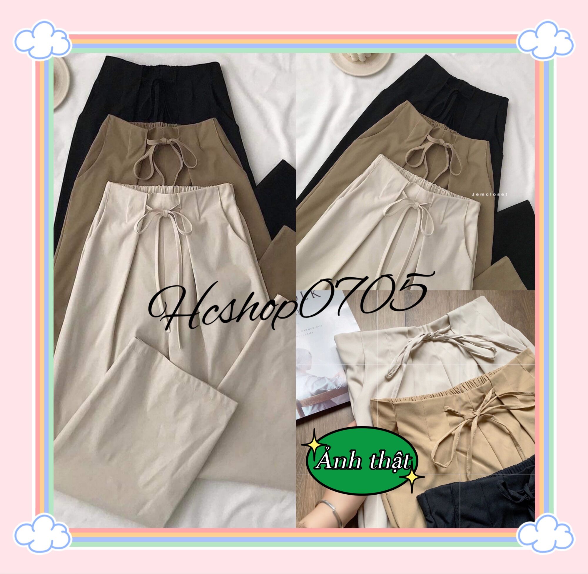 Quần ống rộng suông, Quần culottes nữ lưng cao thắt dây nơ lưng chun chất kaki thô
