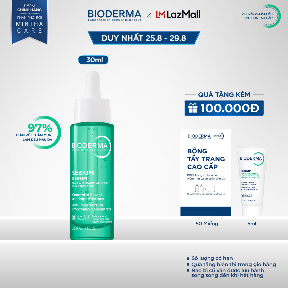 Tinh chất sáng mịn, mờ thâm Bioderma Sébium Serum cải thiện toàn diện da dầu mụn - 30ml