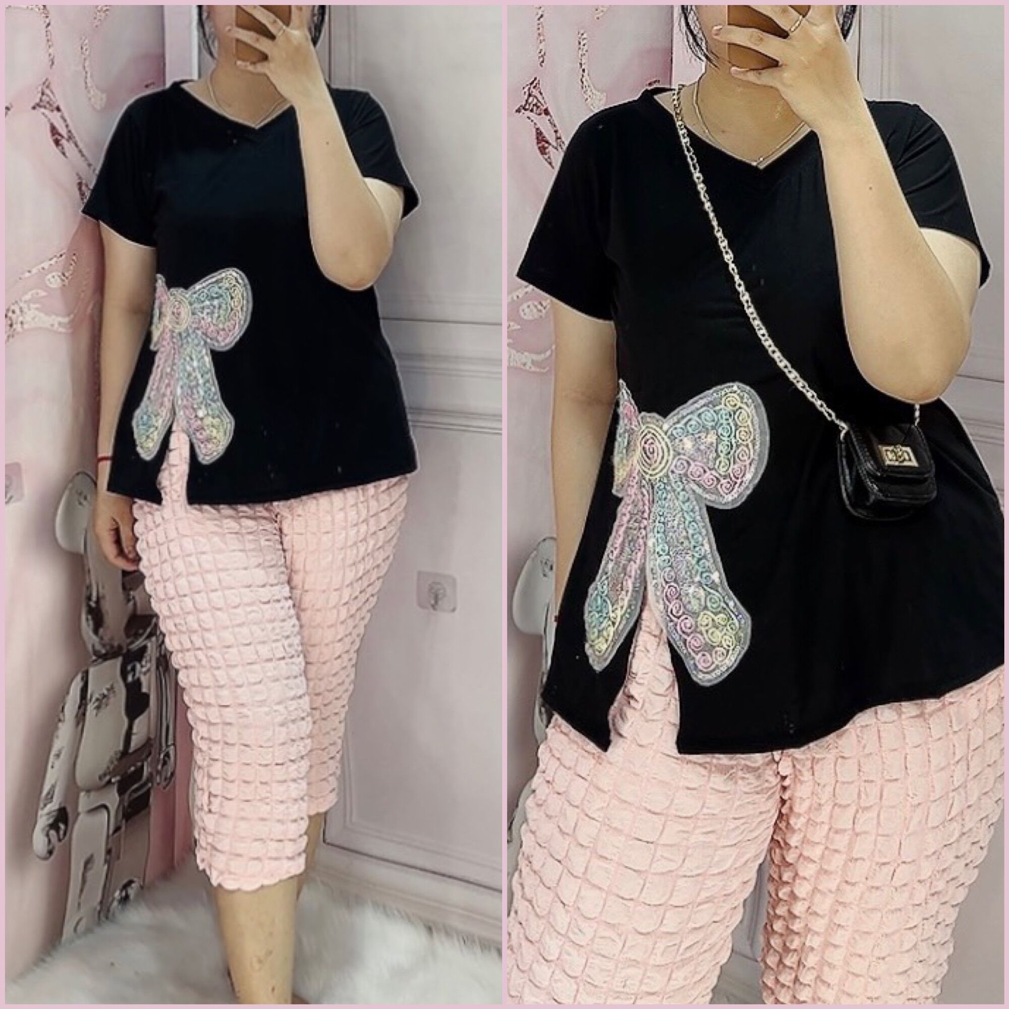 Sét bộ quần lững áo nơ kim sa sang chảnh bigsize