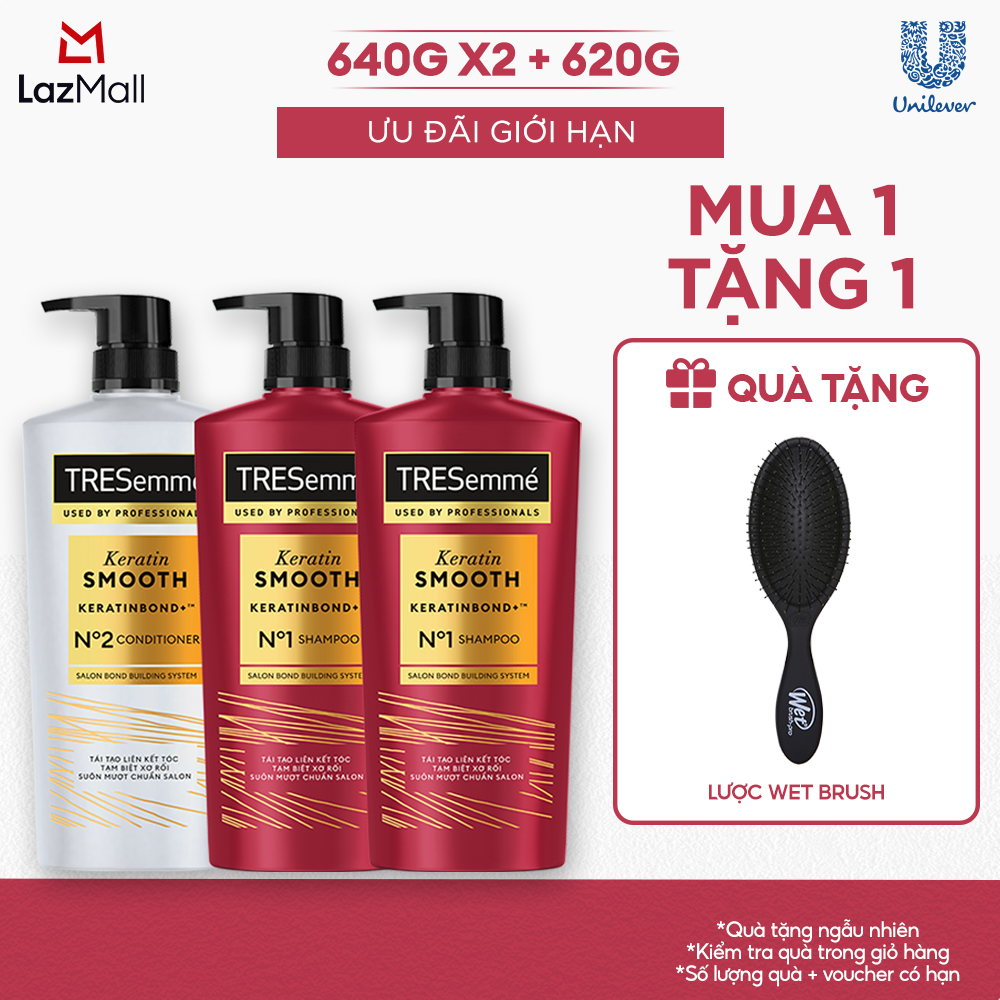  Combo 2 Dầu Gội Và 1 Dầu Xả TRESemmé Keratin Smooth KeratinBond+ Cho Tóc Vào Nếp Suôn Muột  640g X 2 Và 620g  