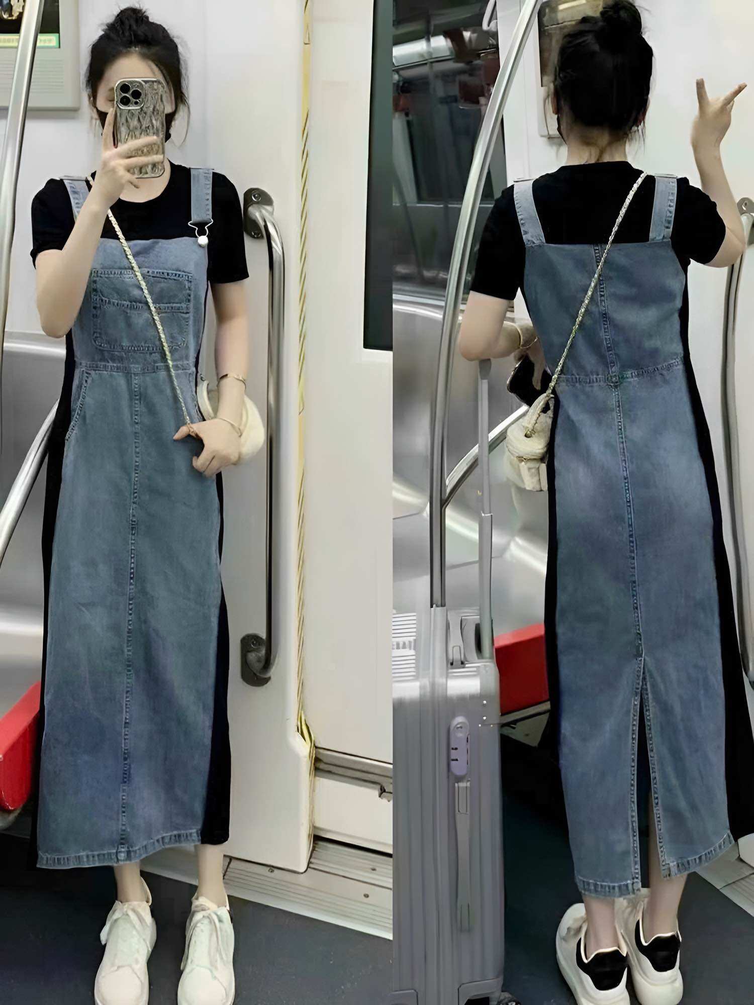 Váy đầm jean giả yếm phối thun - phong cách trẻ trung năng động