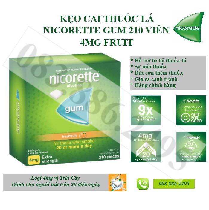 KẸO GUM CAI THUỐ.C LÁ NICORETTE VỊ FRUIT TRÁI CÂY 2MG - 4MG LOẠI 75 - 150 - 210 VIÊN