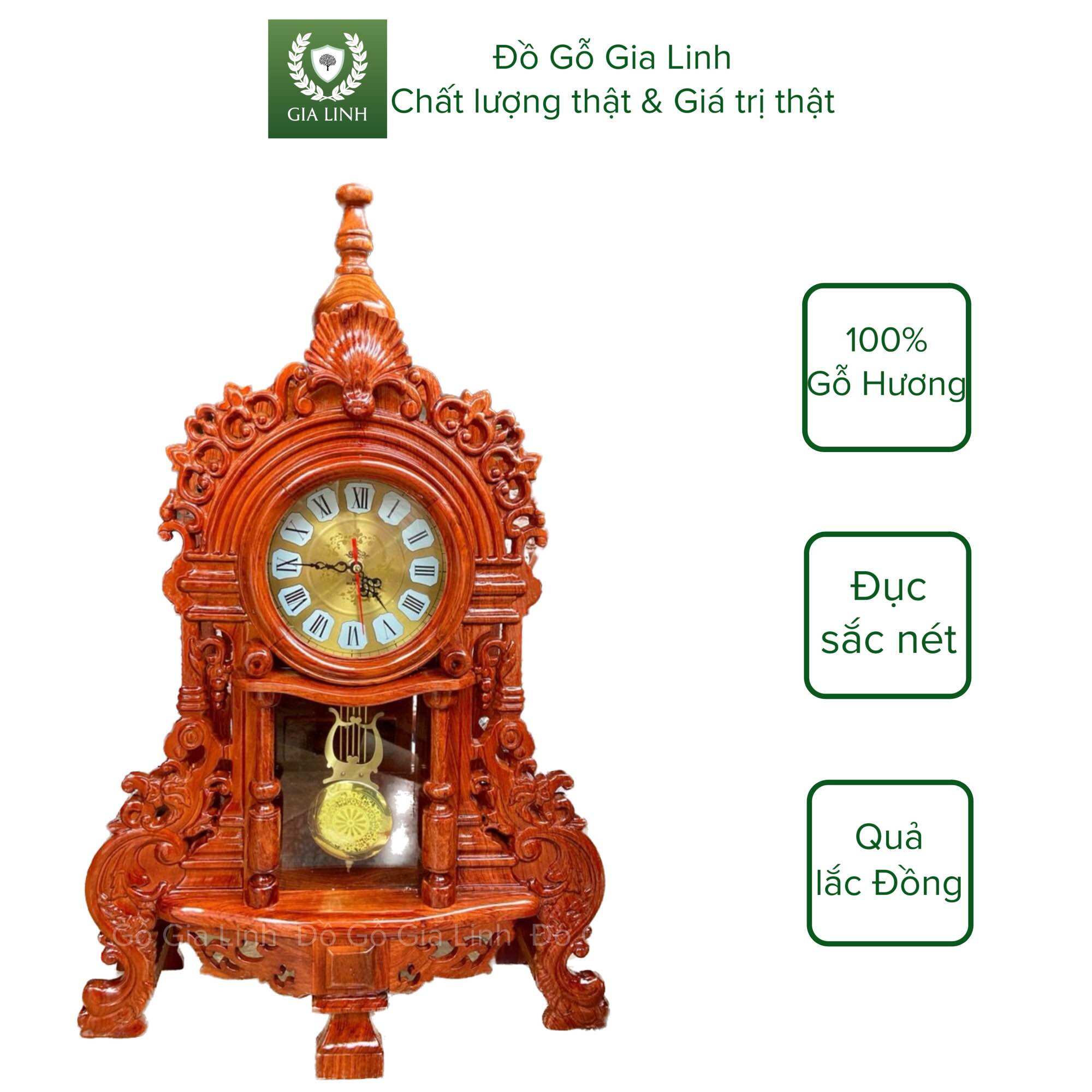 Đồng hồ quả lắc để bàn đồ gỗ gia linh gỗ hương đá kt 70cm x 45cm x 15cm
