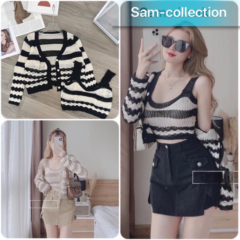 Set áo cadigan len kèm áo dây bản to phối kẻ hàng Quảng Châu cc ☘️freeship
