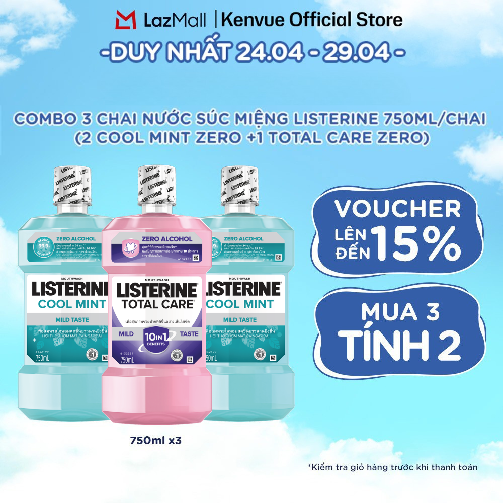 [MUA 3 TÍNH TIỀN 2] Combo 3 Chai Nước Súc Miệng Listerine Cool Mint Zero 750ml/chai (2 Cool Mint Zero + 1 Total Care Zero)