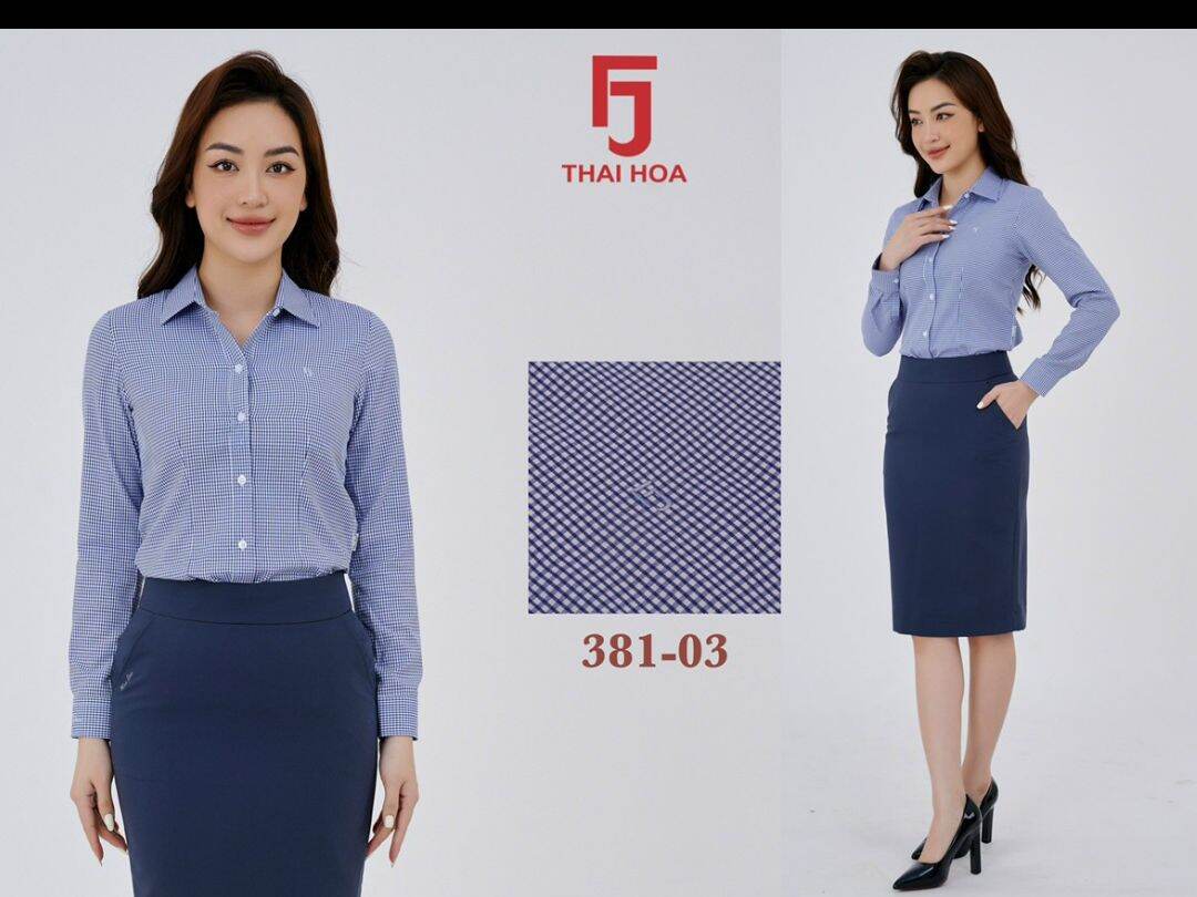 áo sơ mi nữ Thái Hòa sọc caro mã 381 vải sợi tre, cotton và poly