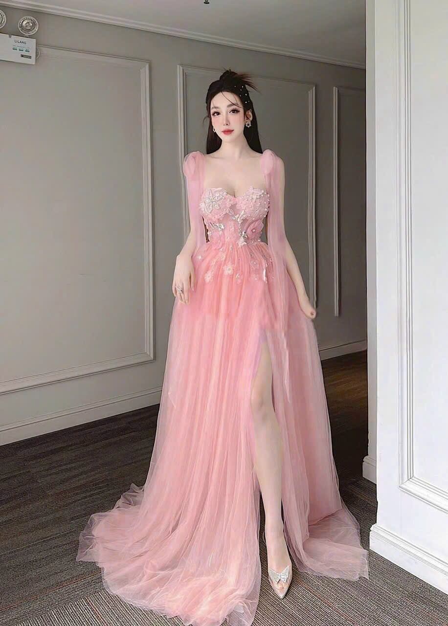 Đầm maxi nơ vai đính hoa 3d kèm ảnh thật
