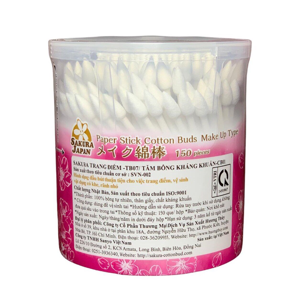 Tăm bông kháng khuẩn thân giấy Sakura (Tiêu chuẩn Nhật Bản) trang điểm TB07 (1 đầu xoắn 1 đầu nhọn) - Hộp 150 que