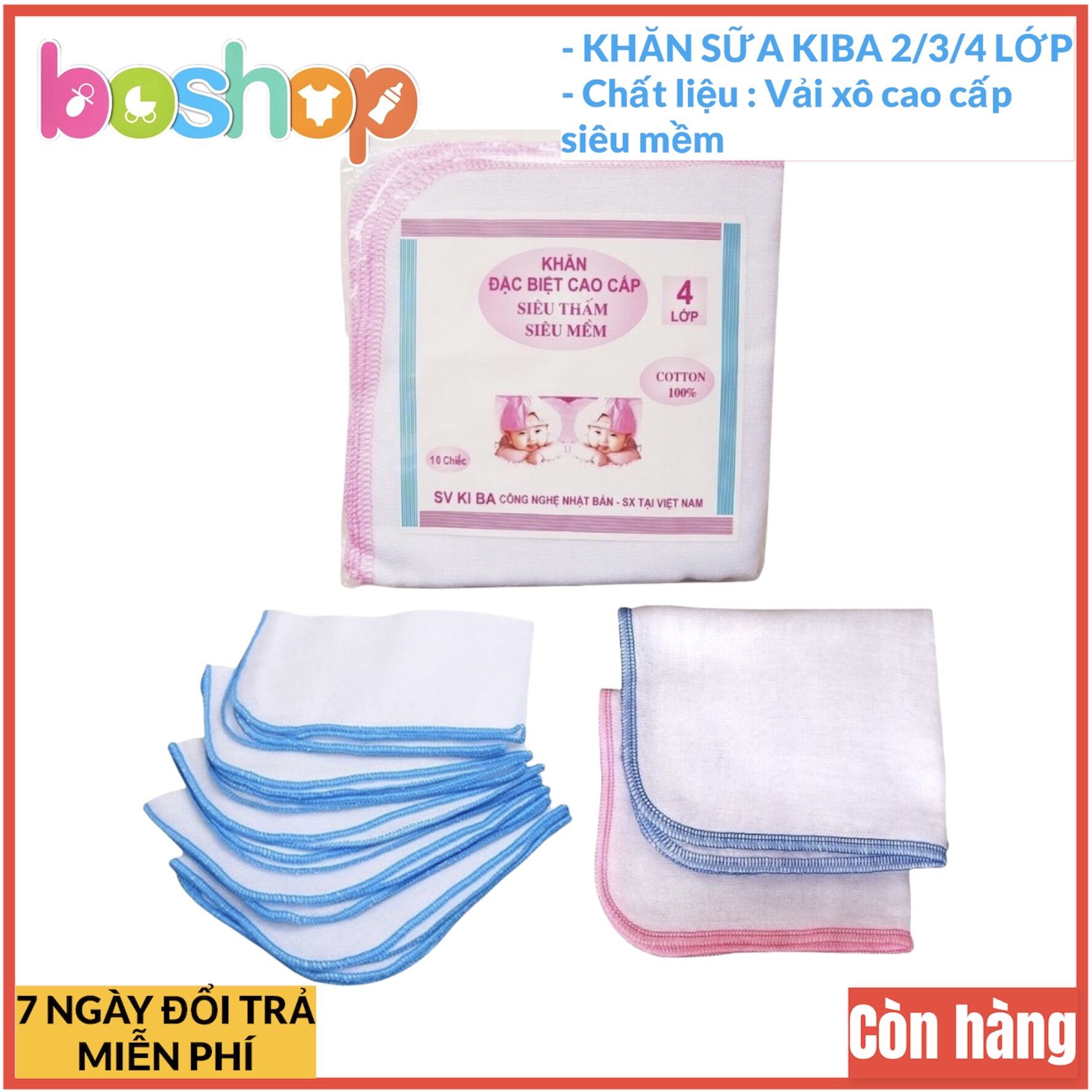 Set 10 khăn sữa Kiba cao cấp made in Viet Nam phân loại 2 3 4 lớp dùng cho