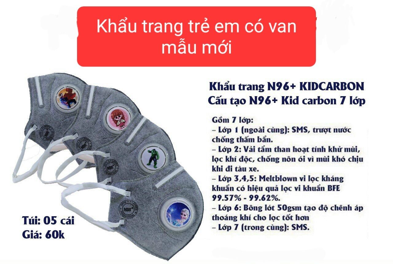 [SAFELIFE VN] Khẩu trang trẻ em N95 CARBON (06 LỚP) chống bụi mịn PM2.5 ( Có thể giặt lại) Túi zip 05 cái.
