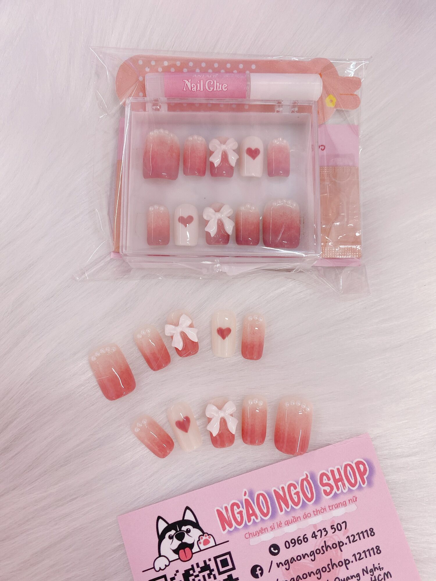 [Inbox cho shop trước khi đặt hàng] Nail box ombre hồng đính charm nơ
