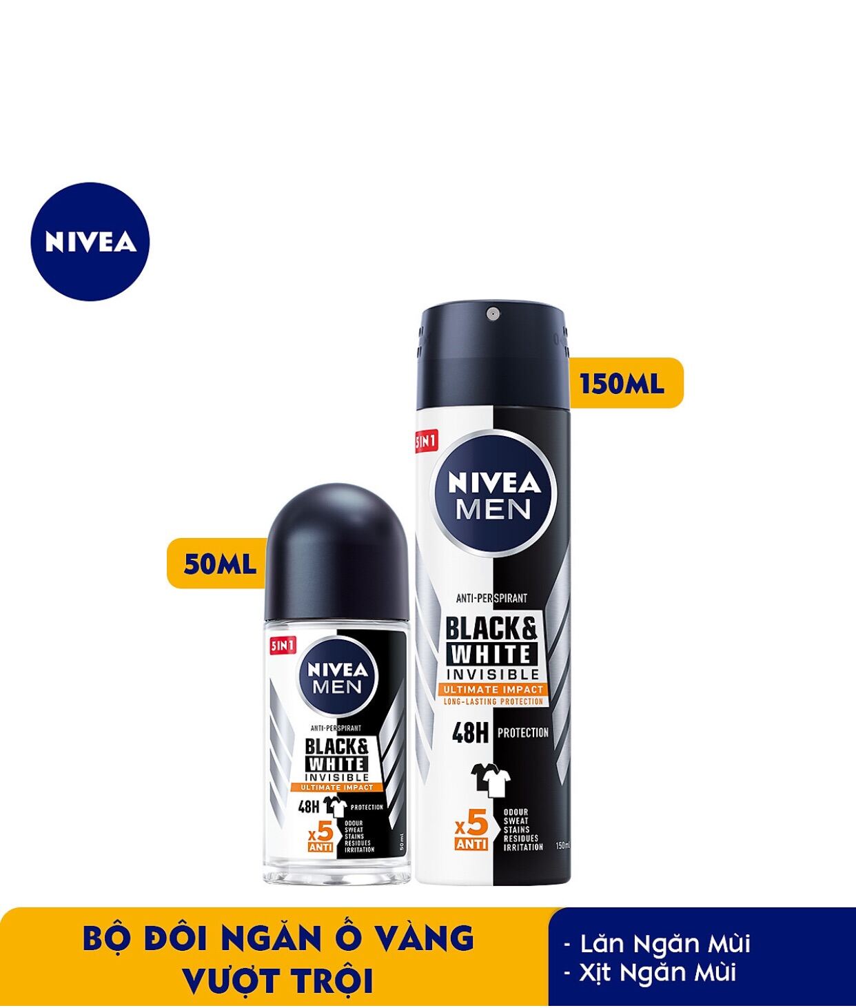 [Hcm]Bộ Đôi Ngăn Áo Vàng Vượt Trội Lăn Ngăn Mùi Nivea Men Black & White Ngăn Vệt Ố Vàng Vượt Trội 5In1 (50Ml) Xịt Ngăn Mùi Nivea Men Black & White Ngăn Vệt Ố Vàng Vượt Trội 5In1 (150Ml)