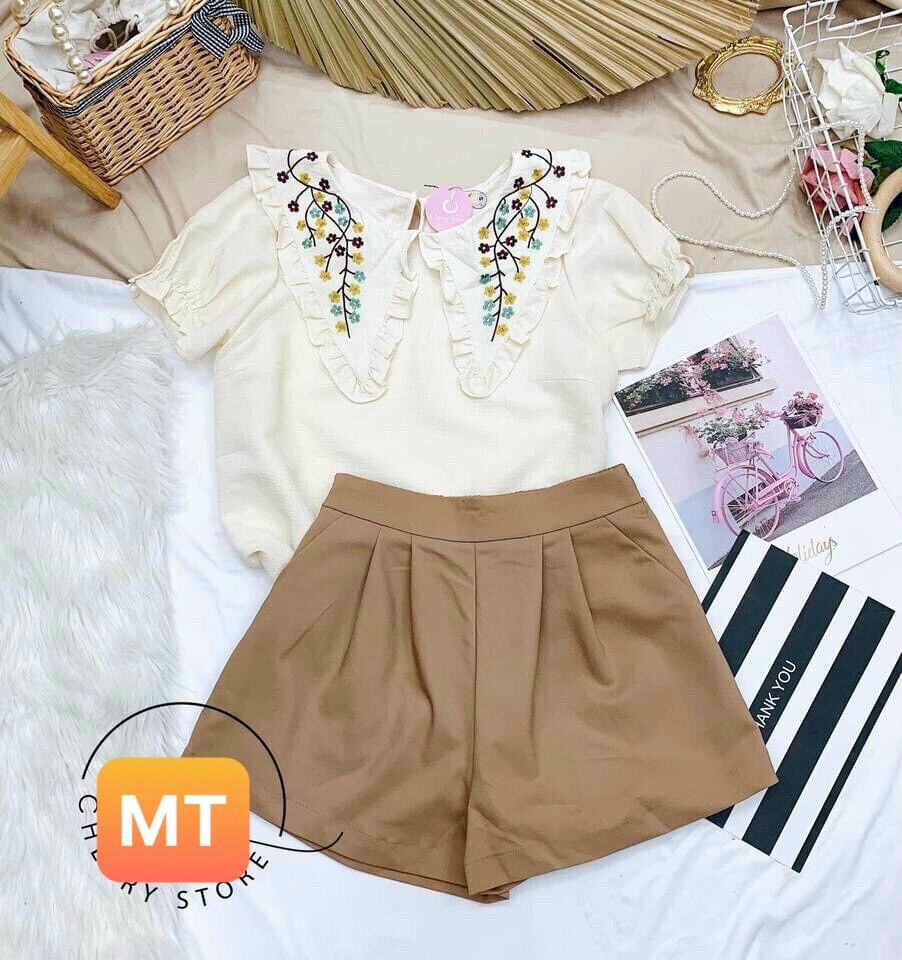 Set Áo Thêu Hoa Kèm Quần Sort QC Cao Cấp