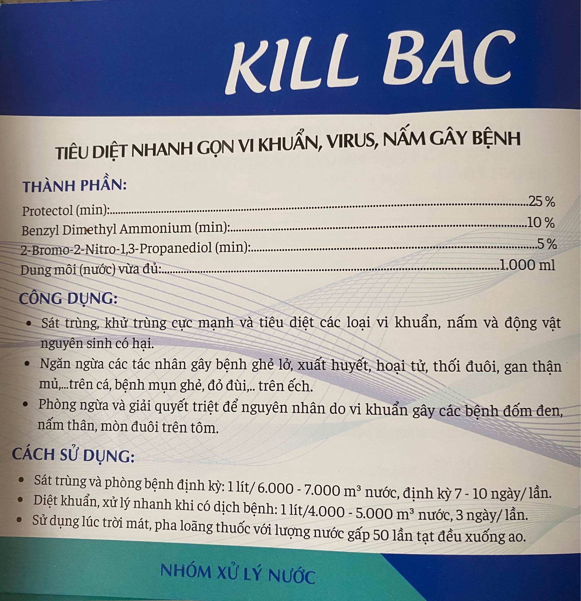 Kill Bac (100ml) phòng tri ghẻ lở, nấm trên ếch, ba ba, lươn, cá