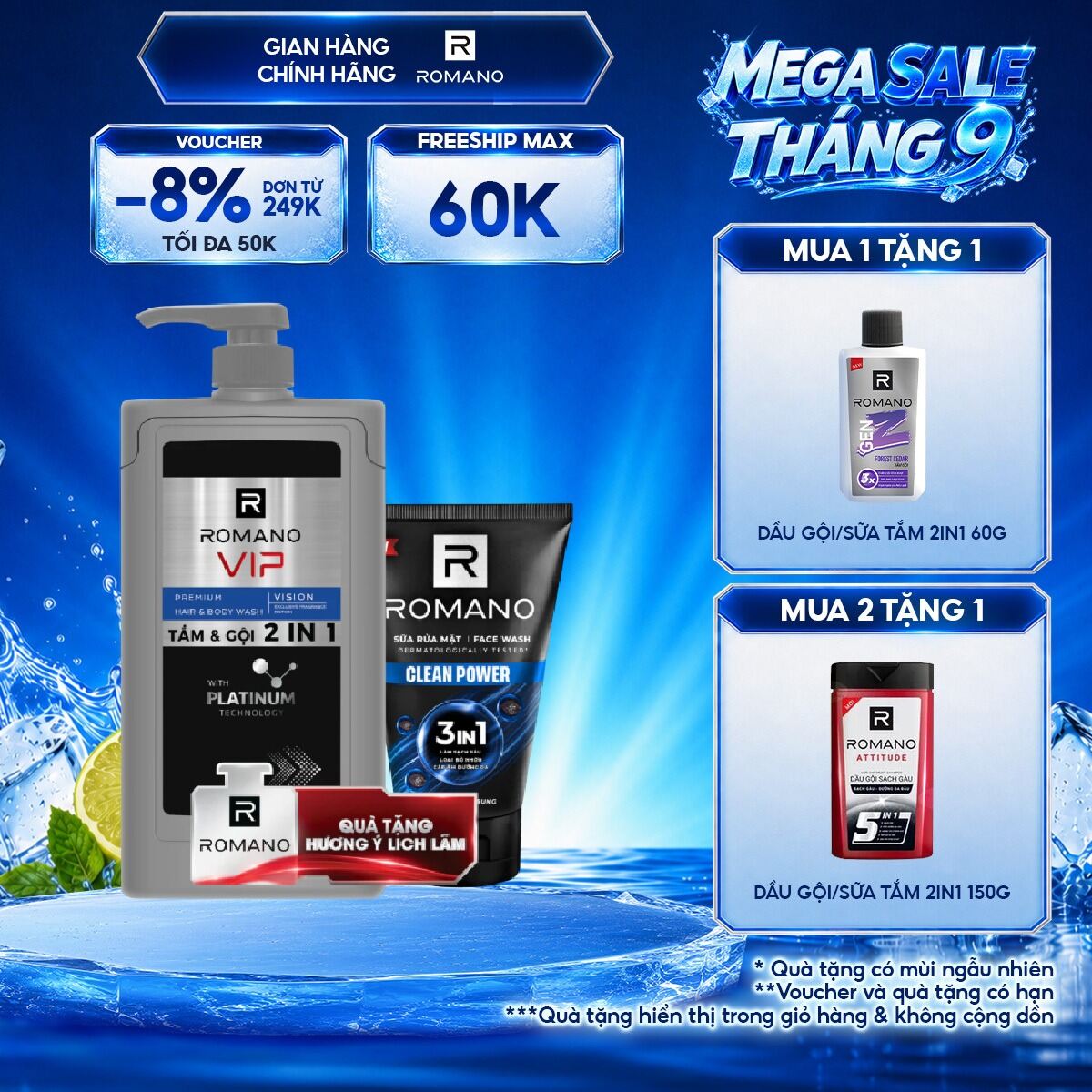 [Tặng kèm sữa rửa mặt 100 ml] Tắm gội 2 trong 1 Romano 2in1 Vip Vision 650g/chai