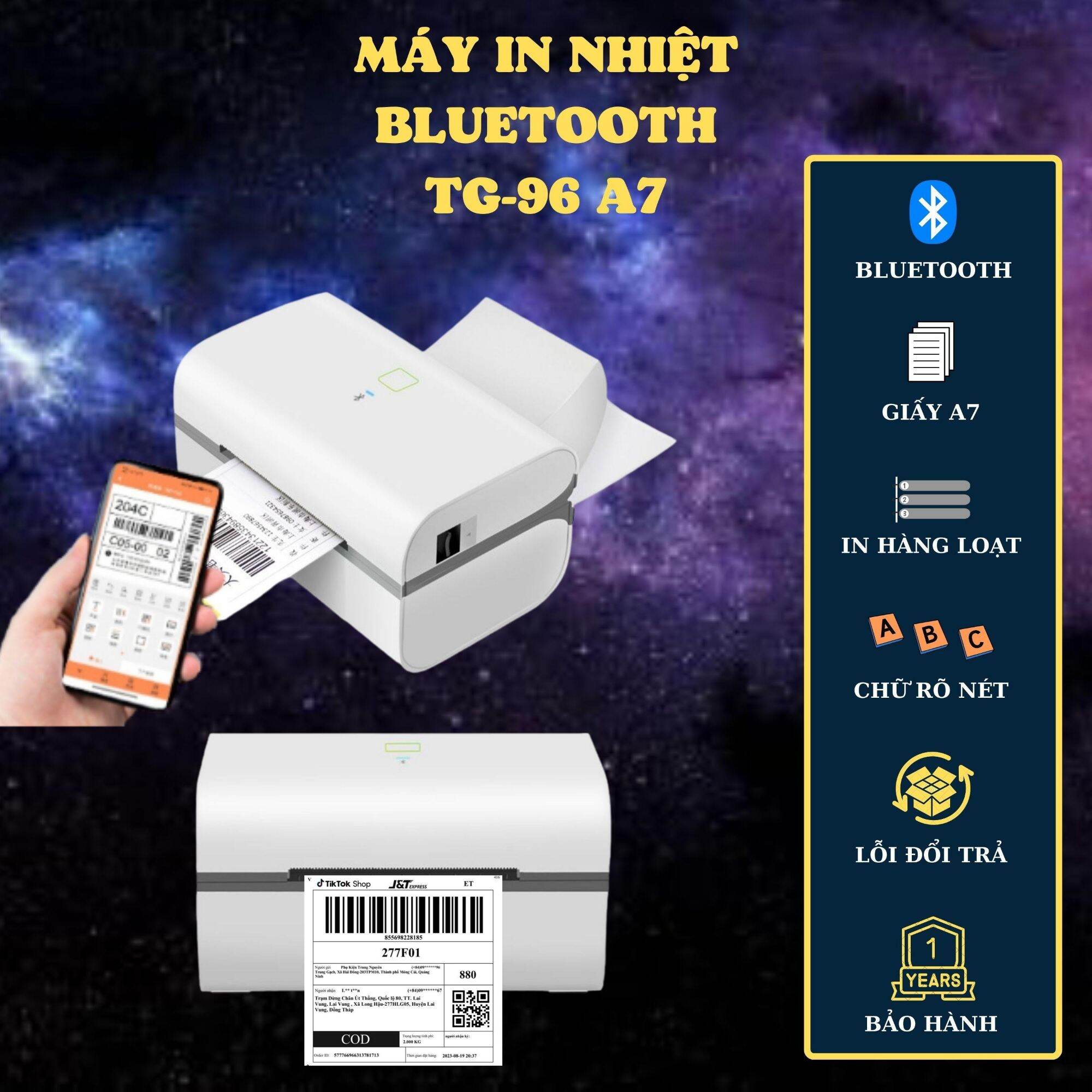 Máy in nhiệt Bluetooth TG96BT khổ A7 kết nối điện thoại và máy tính tốc độ in 180mm/s độ phân giải 203dpi