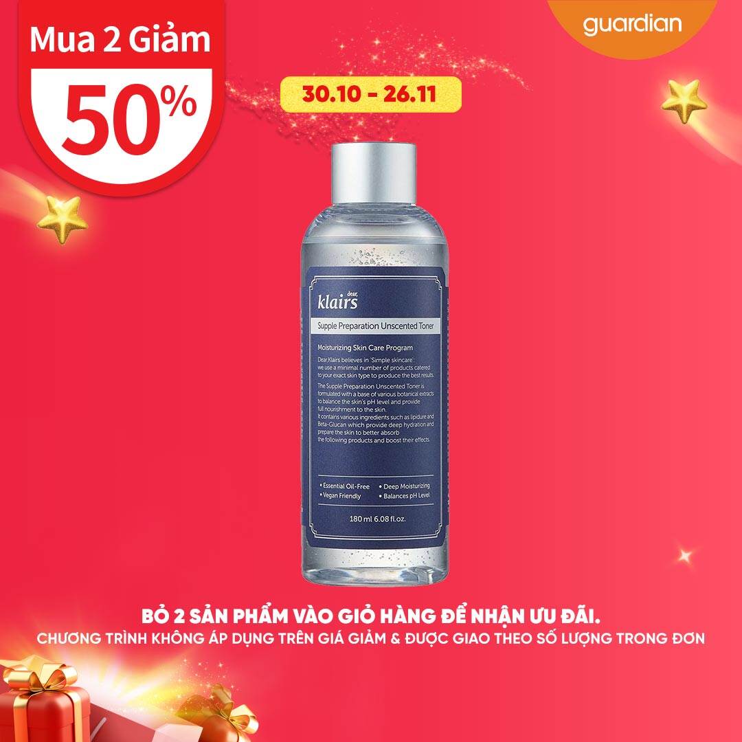 Nước Hoa Hồng Không Mùi Dưỡng Ẩm Và Làm Mềm Da Dear Klairs Supple Preparation Unscented Toner 180Ml