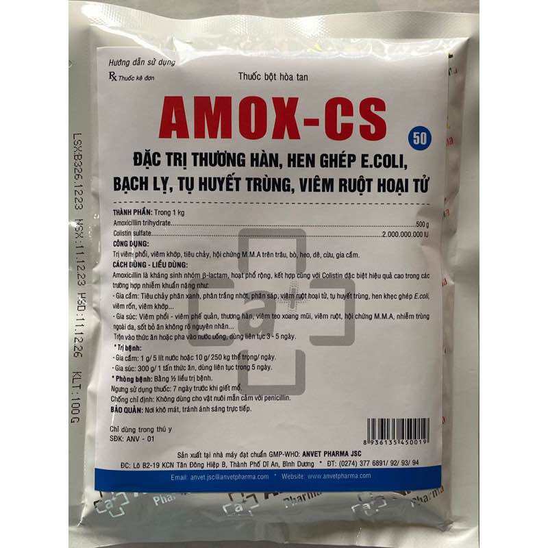 AMOX CS 50% (100g)/ AMOX + CO.LIS.TIN./ THƯƠNG HÀN HEN GHÉP E.COLI TỤ HUYẾT TRÙNG... chỉ dùng trong