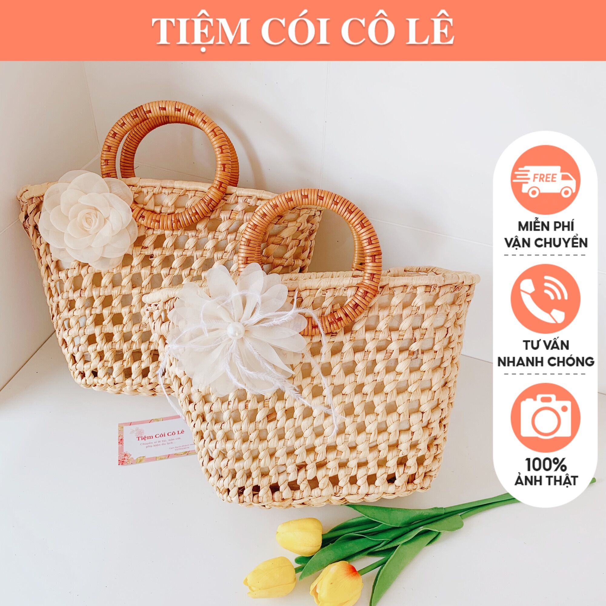 Túi lục bình, giỏ cói đi biển kiểu đan thắt nơ phối hoa ngọc sang chảnh-Tiệm Cói Cô Lê